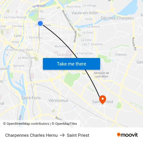 Charpennes Charles Hernu to Saint Priest map