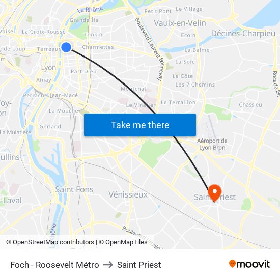 Foch - Roosevelt Métro to Saint Priest map