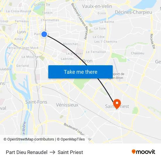 Part-Dieu Renaudel to Saint Priest map