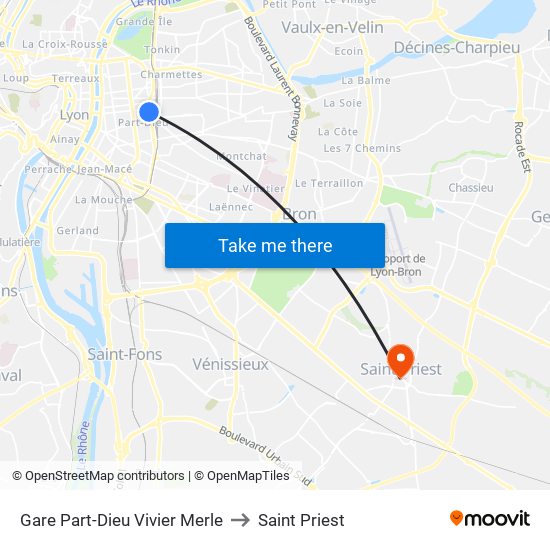 Gare Part-Dieu Vivier Merle to Saint Priest map