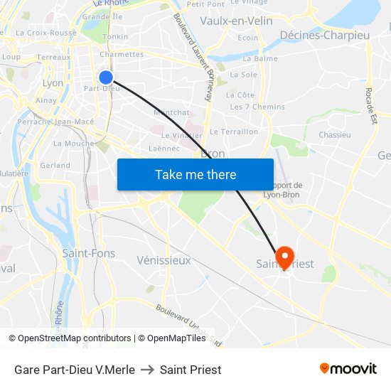 Gare Part-Dieu V.Merle to Saint Priest map