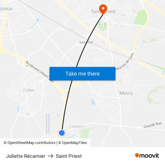 Juliette Récamier to Saint Priest map