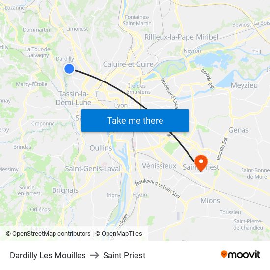 Dardilly Les Mouilles to Saint Priest map