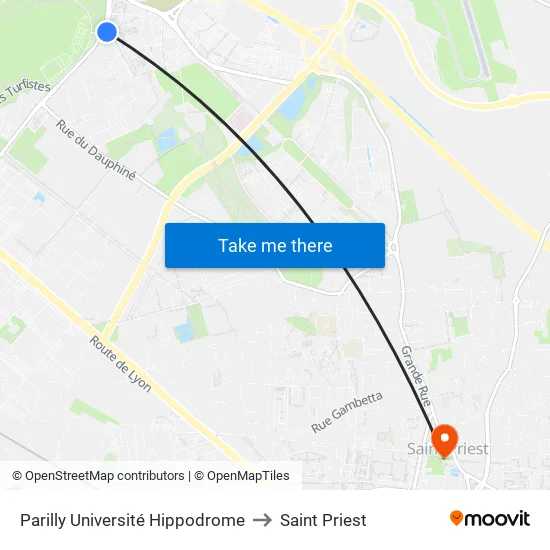 Parilly Université Hippodrome to Saint Priest map