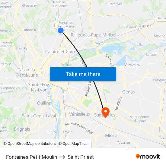 Fontaines Petit Moulin to Saint Priest map