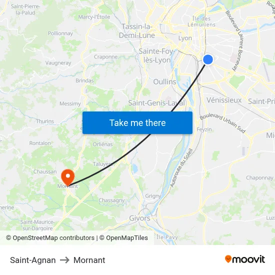 Saint-Agnan to Mornant map