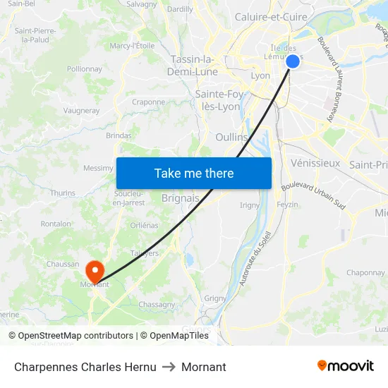 Charpennes Charles Hernu to Mornant map