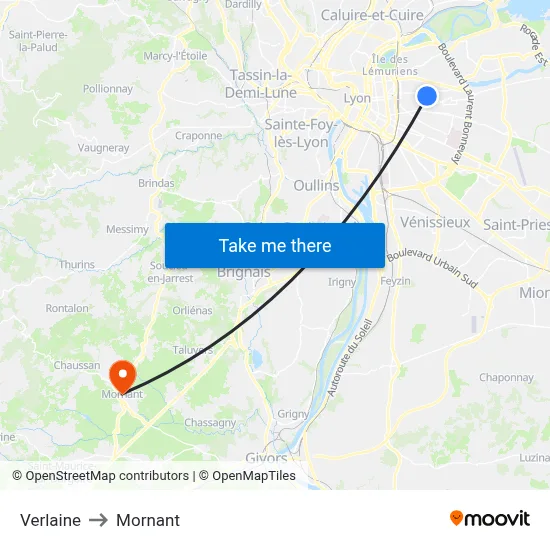Verlaine to Mornant map