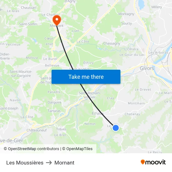 Les Moussières to Mornant map
