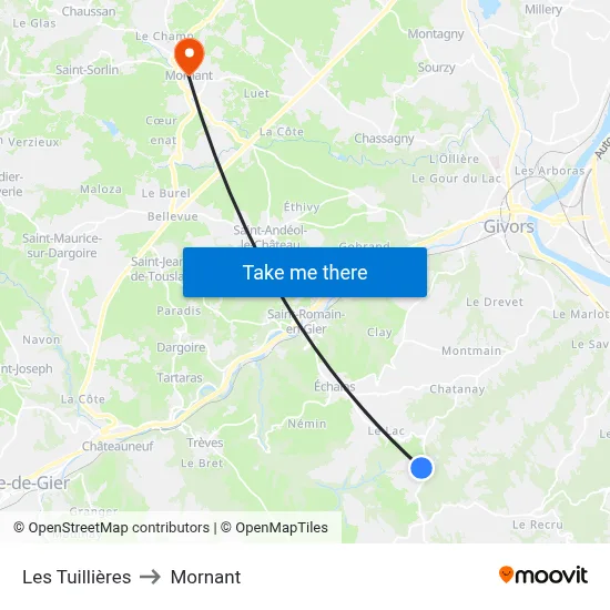 Les Tuillières to Mornant map
