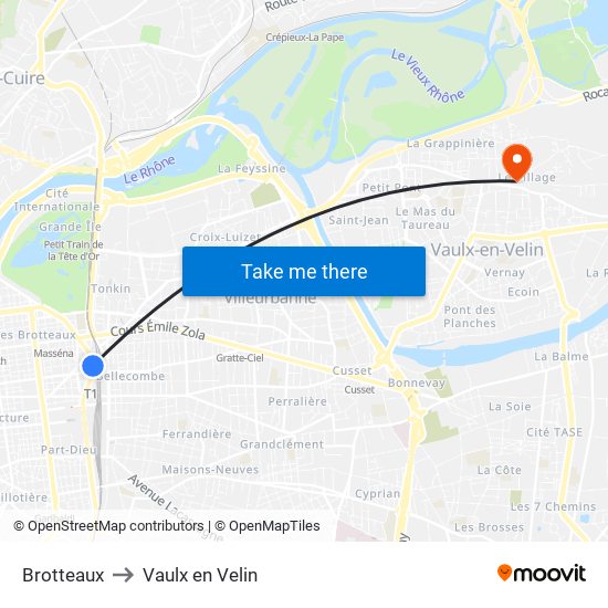 Brotteaux to Vaulx en Velin map