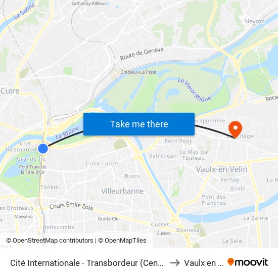 Cité Internationale - Transbordeur (Centre De Congrès) to Vaulx en Velin map