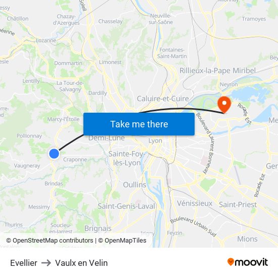 Evellier to Vaulx en Velin map