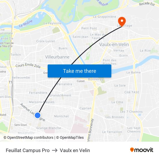 Feuillat Campus Pro to Vaulx en Velin map