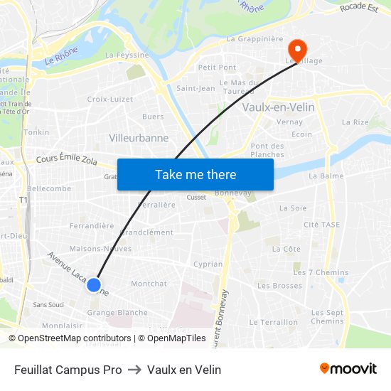 Feuillat Campus Pro to Vaulx en Velin map