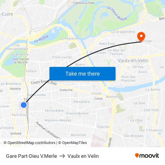 Gare Part-Dieu V.Merle to Vaulx en Velin map