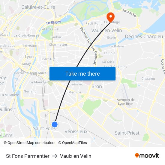 St Fons Parmentier to Vaulx en Velin map