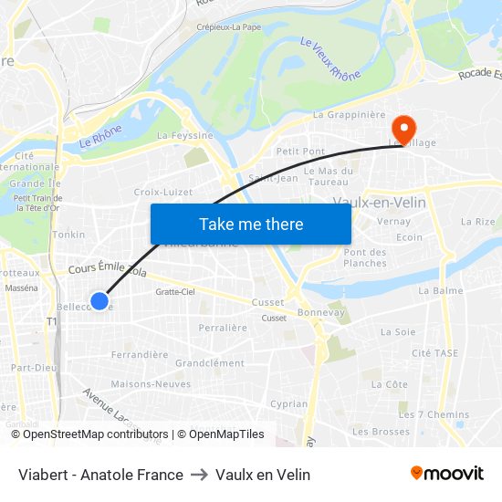 Viabert - Anatole France to Vaulx en Velin map