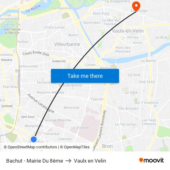 Bachut - Mairie Du 8ème to Vaulx en Velin map