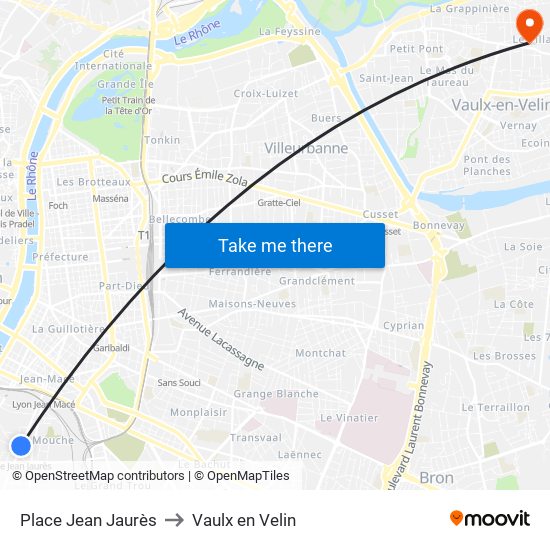 Place Jean Jaurès to Vaulx en Velin map