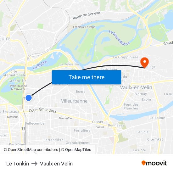 Le Tonkin to Vaulx en Velin map