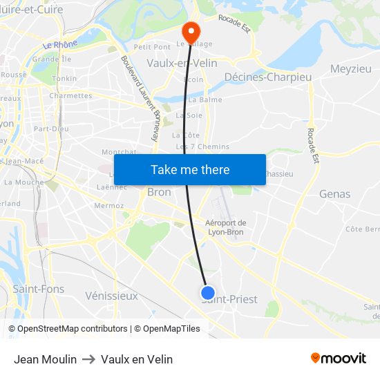 Jean Moulin to Vaulx en Velin map