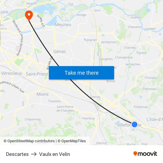 Descartes to Vaulx en Velin map