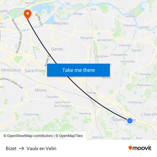 Bizet to Vaulx en Velin map