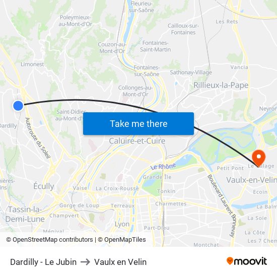 Dardilly - Le Jubin to Vaulx en Velin map