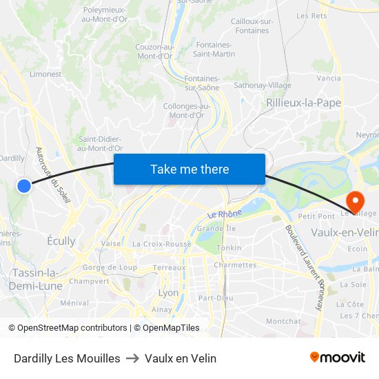 Dardilly Les Mouilles to Vaulx en Velin map