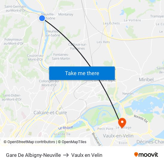 Gare De Albigny-Neuville to Vaulx en Velin map