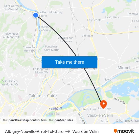 Albigny-Neuville-Arret-Tcl-Gare to Vaulx en Velin map