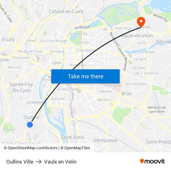 Oullins Ville to Vaulx en Velin map
