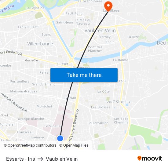 Essarts - Iris to Vaulx en Velin map