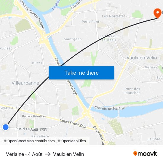 Verlaine - 4 Août to Vaulx en Velin map
