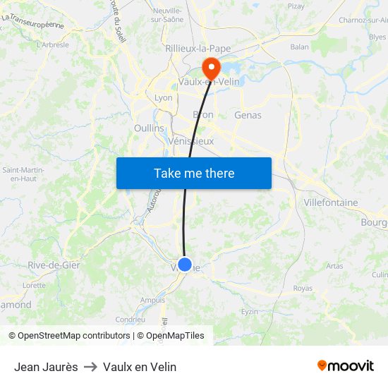 Jean Jaurès to Vaulx en Velin map