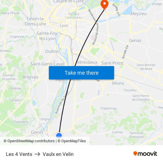 Les 4 Vents to Vaulx en Velin map
