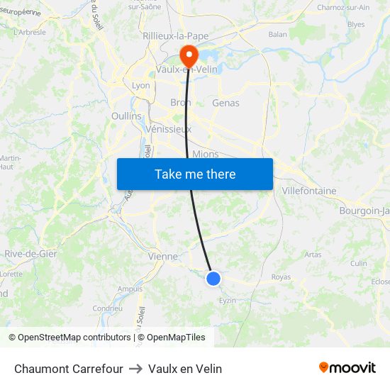 Chaumont Carrefour to Vaulx en Velin map
