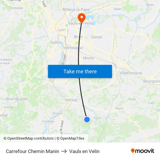 Carrefour Chemin Manin to Vaulx en Velin map