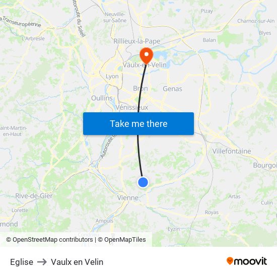 Eglise to Vaulx en Velin map