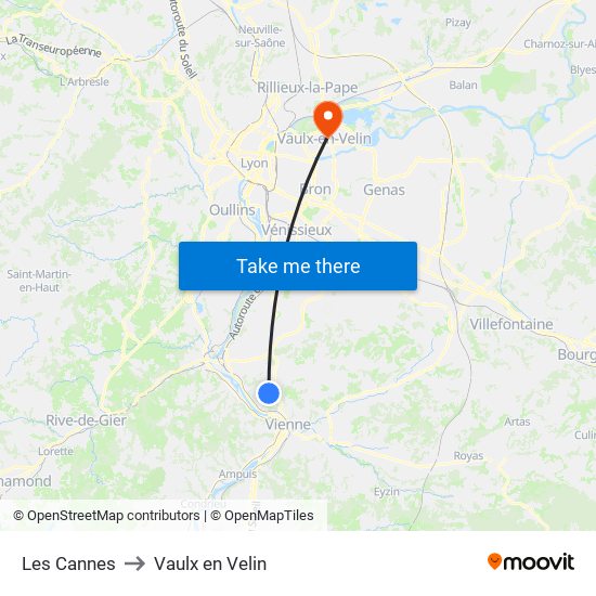 Les Cannes to Vaulx en Velin map