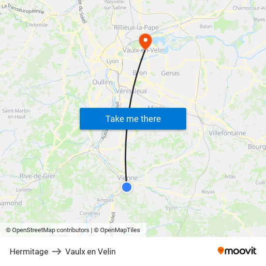 Hermitage to Vaulx en Velin map