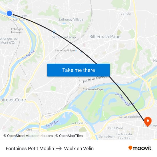 Fontaines Petit Moulin to Vaulx en Velin map