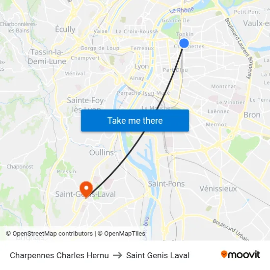 Charpennes Charles Hernu to Saint Genis Laval map