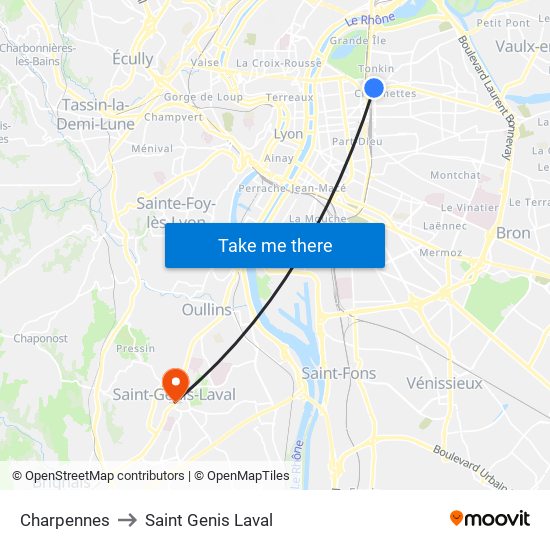 Charpennes to Saint Genis Laval map