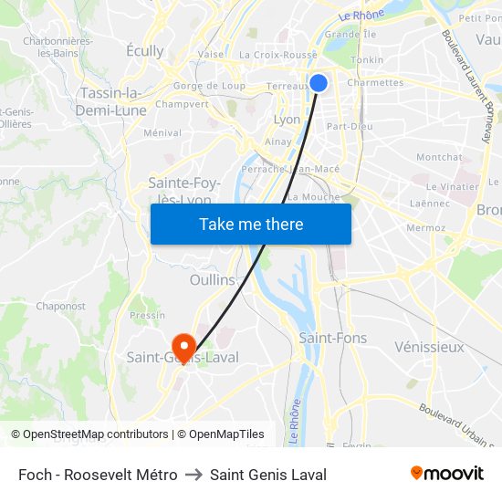 Foch - Roosevelt Métro to Saint Genis Laval map