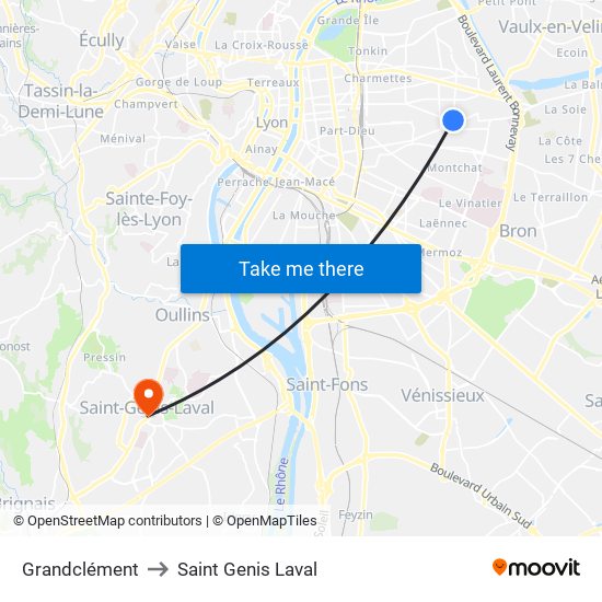 Grandclément to Saint Genis Laval map