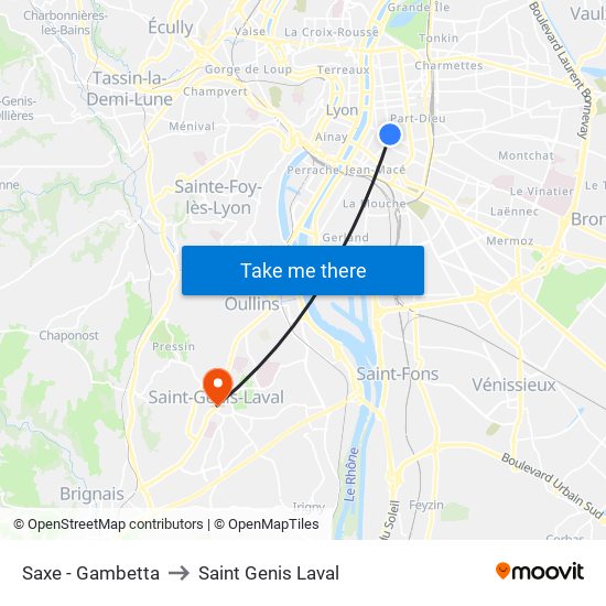 Saxe - Gambetta to Saint Genis Laval map
