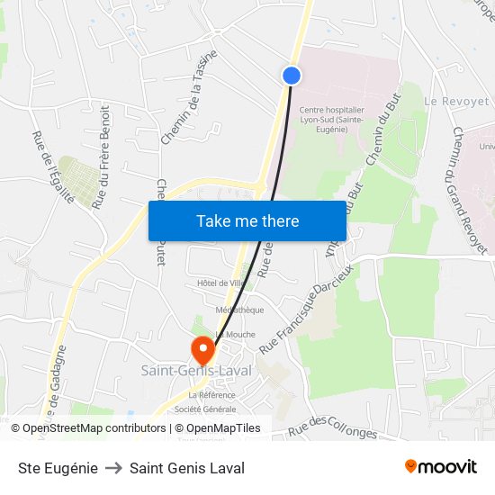 Ste Eugénie to Saint Genis Laval map