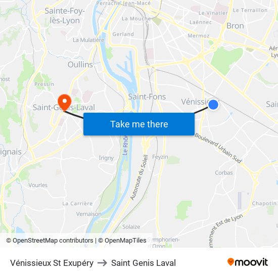 Vénissieux St Exupéry to Saint Genis Laval map